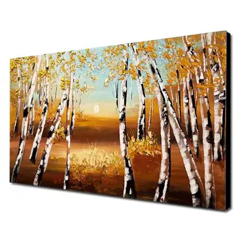

Hand Painted Autumn Birch Forest Blue Sky Knife Oil Painting Modern Texture Wall Art Large On Canvas Decor Restaurant
