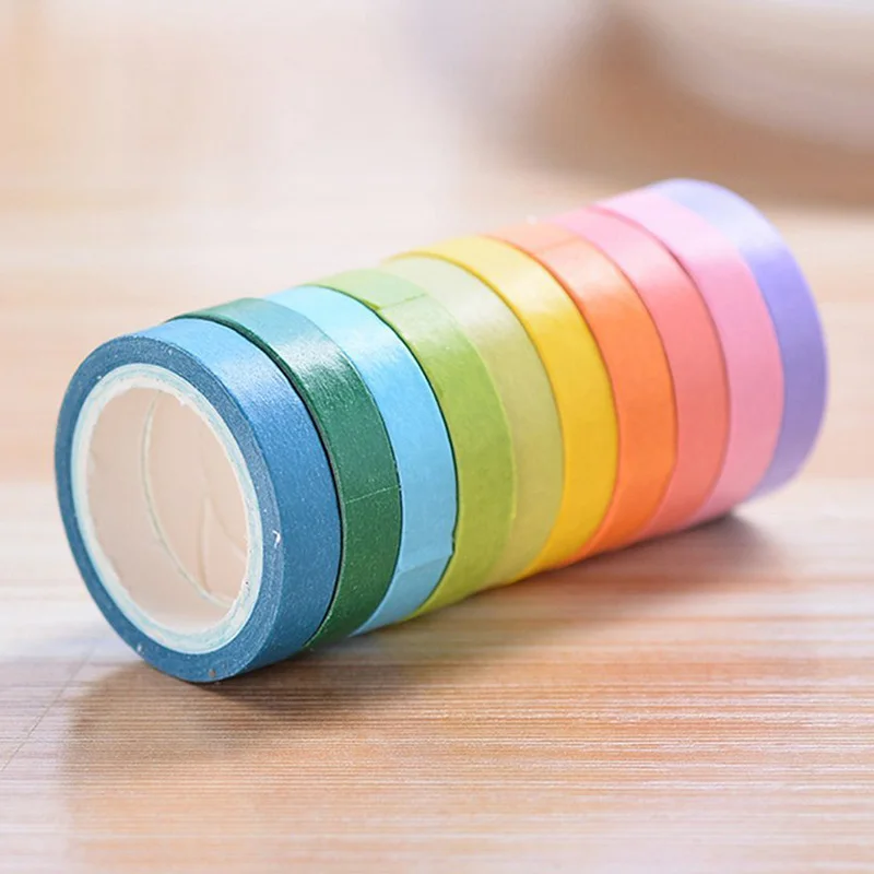 Free Shipping 10 Pcs/Set Rainbow Solid Color Masking Washi Sticky Paper Tape Adhesive Scrapbooking Deco Masking Washi Tape