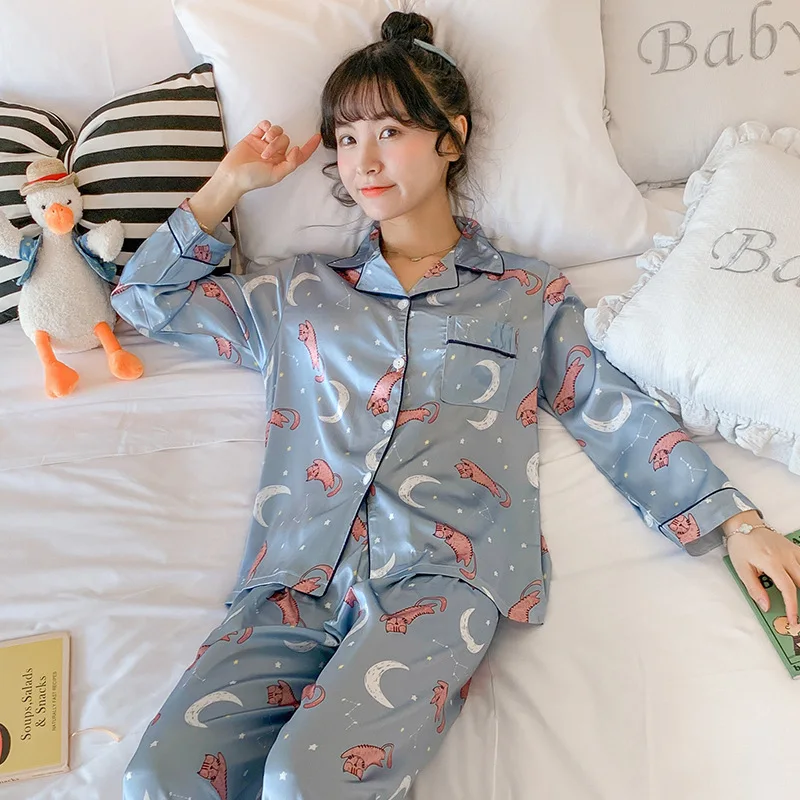

Viscose Pajamas Women's Spring And Autumn Long Sleeve Thin Two-Piece Set Students Silk Cute Moon Outer Wear Tracksuit