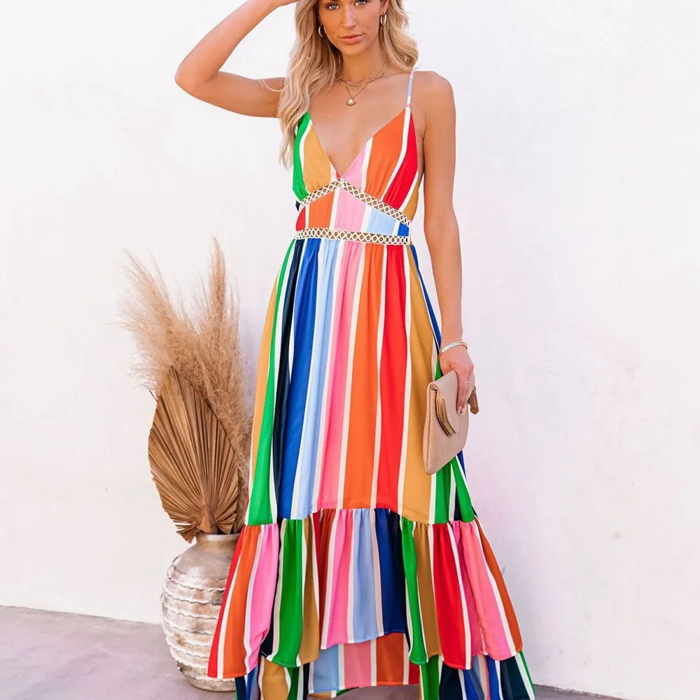 Deep V Neck Backless Striped Maxi Dress 