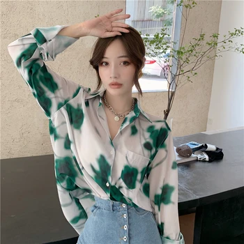 

COIGARSAM Casual Full Sleeve Shirt Womens tops Print Loose Turn-down Collar Women shirts 6280