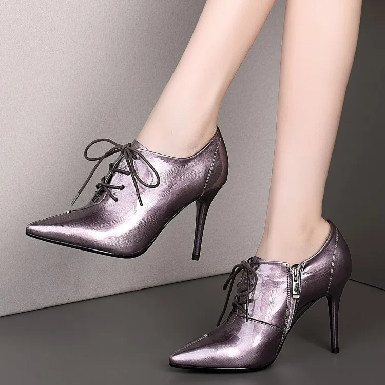 

Spring And Autumn New Style Fashion Women's Pointed Toe Thin Heeled High-Heel Solid Color Full-grain Leather Side Zipper Deep Mo