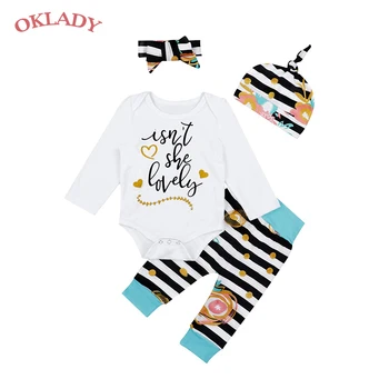 

OKLADY Newborn Baby Girl Clothes Set Autumn Cotton Long Sleeve Rompers+Stripe Pants+Hat+Headband 4Pcs Infant Girls Outfit Set