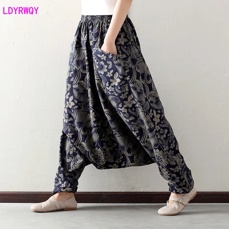 

LDYRWQY spring and summer new ethnic style fashion printing loose casual cotton and linen plus size fall crotch pants