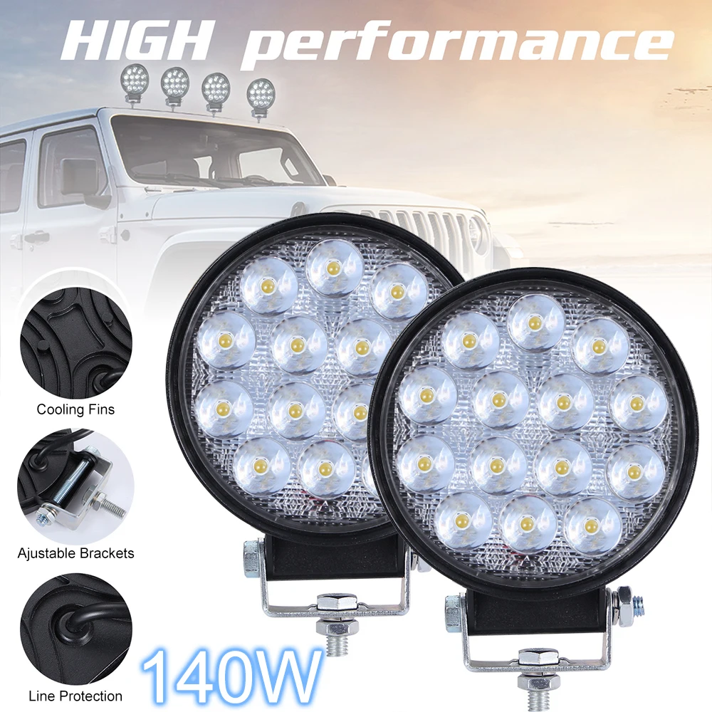 2pc Round 140W LED Light Bar 6000K Spotlight Headlight Bulb Circular  LED Work Ligh 14000LM for Car Truct Boat Atv 4×4 Jeep Off
