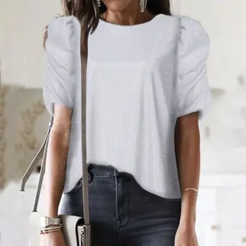 

Womens OL Elegant Office Summer Puff Short Sleeve Blouses Celmia 2020 Fashion Silver Gloss Shirts Casual Plus Size Loose Blusa 7