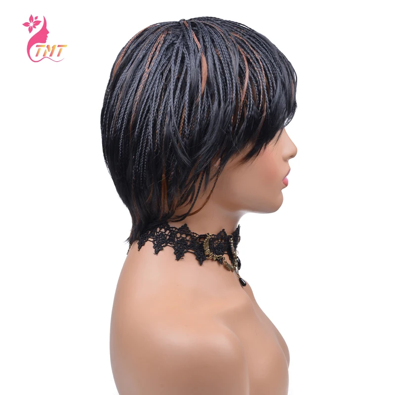 Short Braided Wig with Bangs Synthetic Box Braids Crochet Braiding Wigs for Women Heat Resistant Pixie Cut Micro Braided Wig