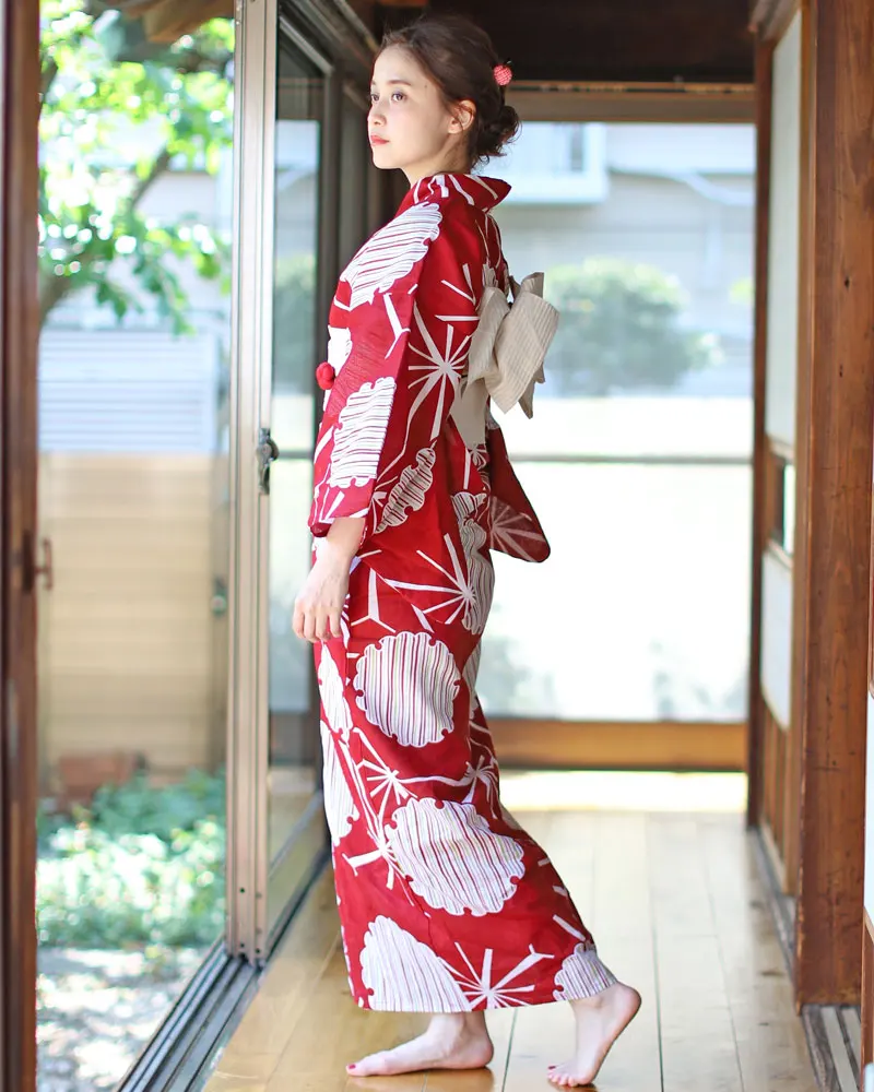 Женская традиционная юката японское кимоно халат фотография платье косплей костюм красный цвет печать винтажная одежда