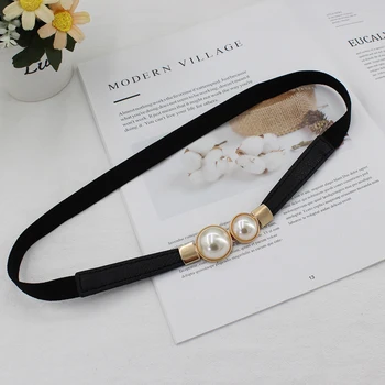 

Belt ladies dress fashion pearls buckle elastic waistband wild elastic waist girdle decorative waist belt hot sale
