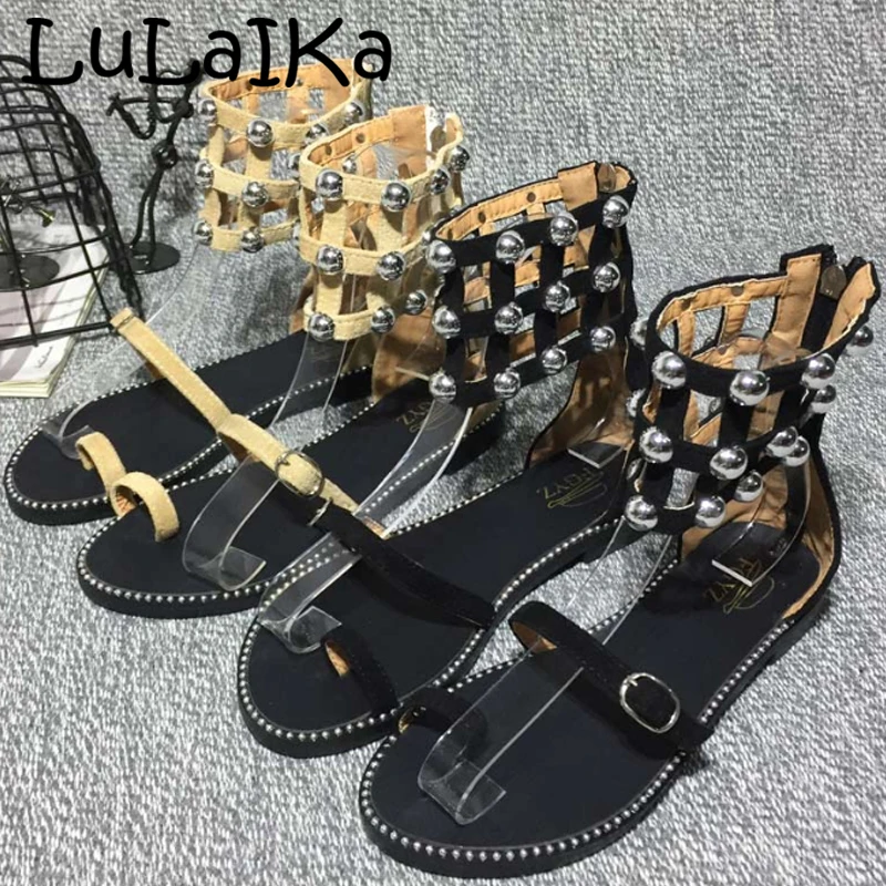 

LuLaIKa 2019 Summer New Ladies Fashion Round Head Bead Zipper Comfortable Breathable Open Toe High Help Casual Flat Cool Boots