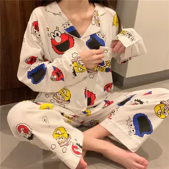 

cartoon pprint letter cute pajamas women nightwear set soft cotton long sleeve pants 2 piece set sleepwear autumn pyjamas Y025