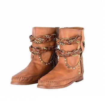 

Women's Chain Ankle Boots Metal 2020 Women Retro Leather Flats Woman Casual Rivet Ladies Short Boots Female Shoes Plus Size