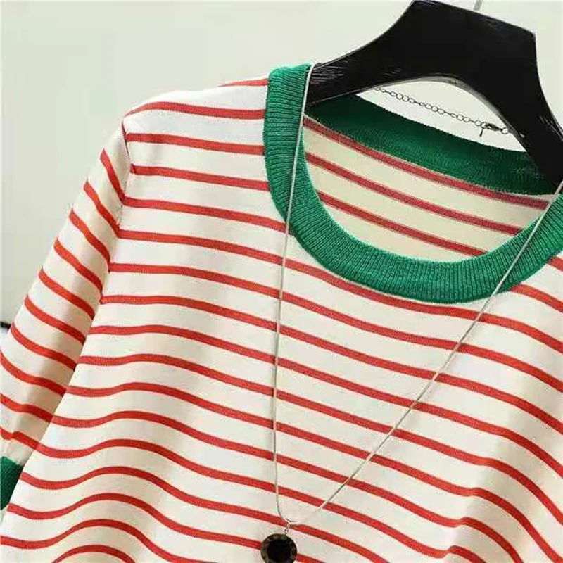 Shintimes Striped Tee Shirt Femme Tops Summer T Shirt Women Thin Ice Silk Knitted T-Shirts Short Sleeve Clothing Camisetas Mujer