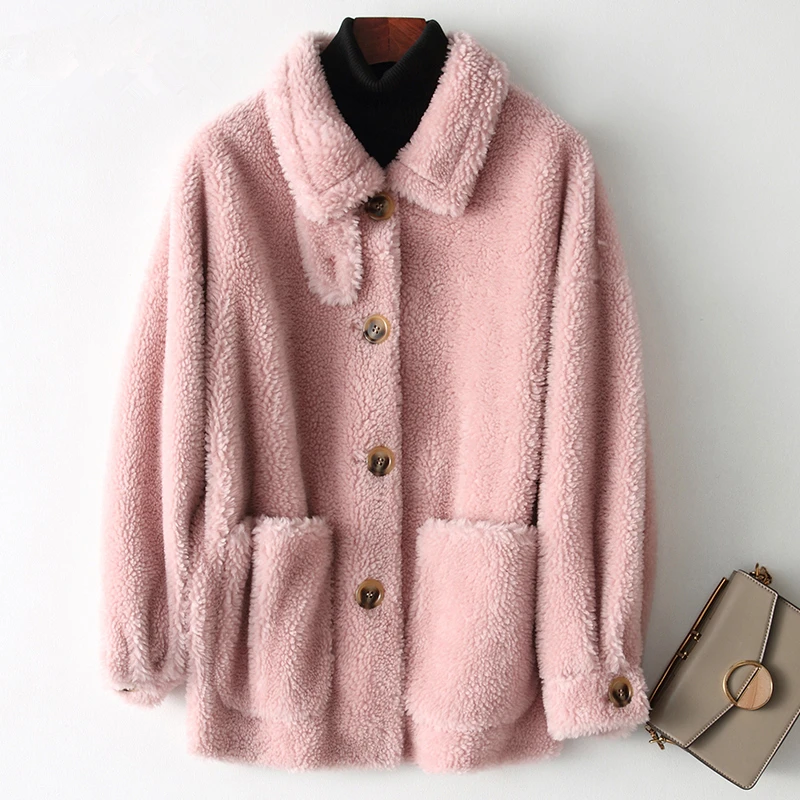 Pink Real Fur Coat Female Winter Jacket Women Clothes Korean Short Sheep Shearing Jacket Vintage Warm Wool Coat Tops Hiver FR305 - Цвет: Pink