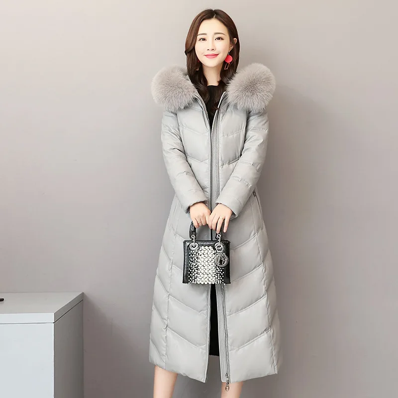 Высококачественный пуховик из овечьей кожи, зимняя куртка с капюшоном и большим воротником из лисьего меха, новинка, женское плотное теплое длинное пальто больших размеров - Цвет: Gray