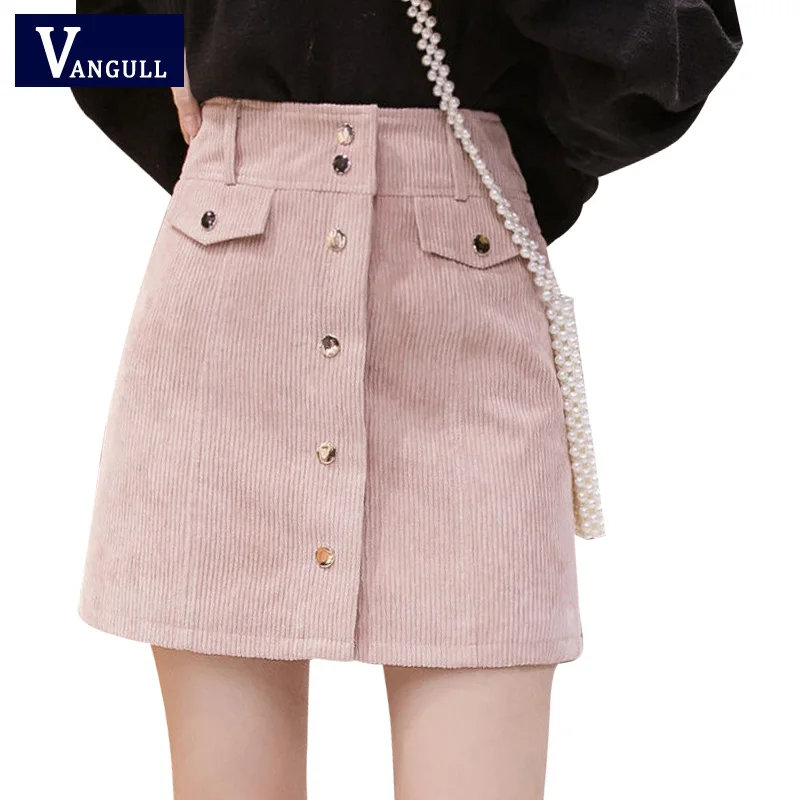 Vangull, Весенняя женская Вельветовая короткая юбка, Harajuku, для офиса, леди, школы, джинсовый стиль, на пуговицах, а-силуэт, высокая талия, карман, мини-юбка
