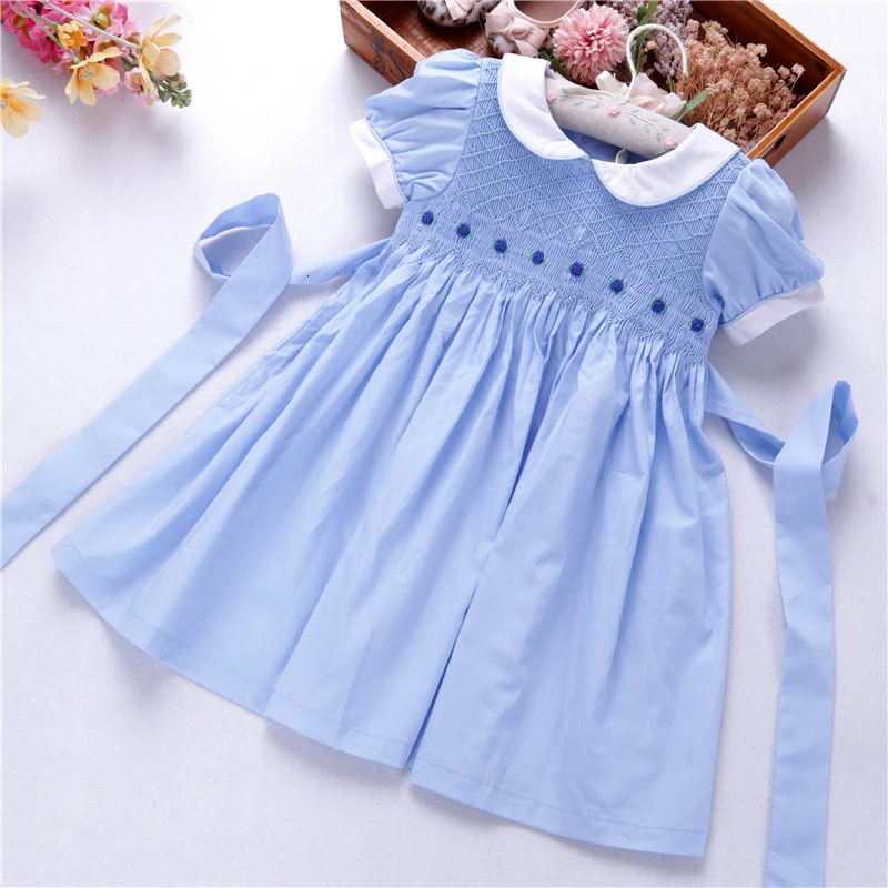 blue Платья со сборками для девочек; белое платье; детская одежда ручной работы; однотонная детская одежда розового и синего цвета; C191122575 - Цвет: blue