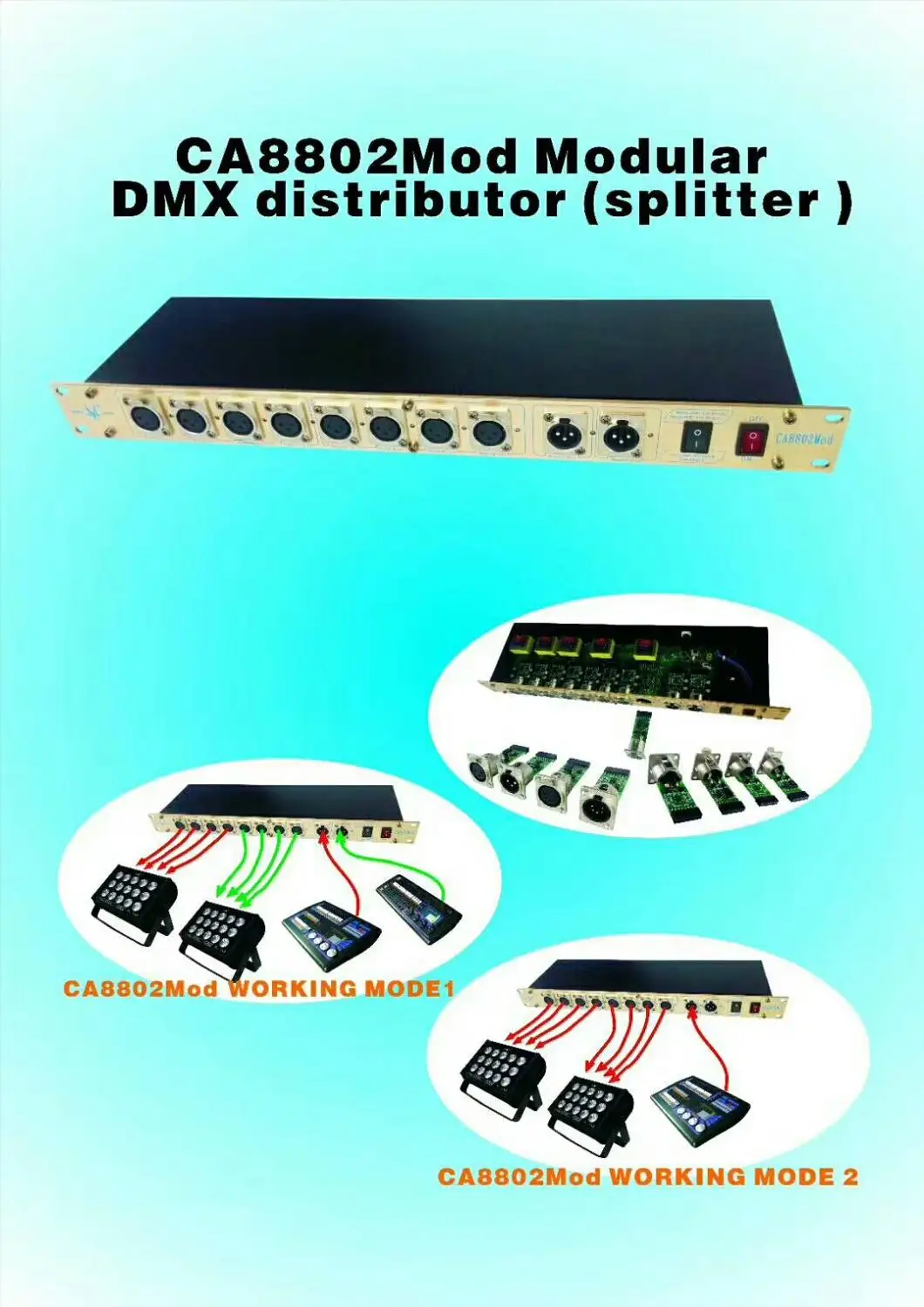 Model #:CA8802Mod8 channels Smart DMX splitterwith two working modes