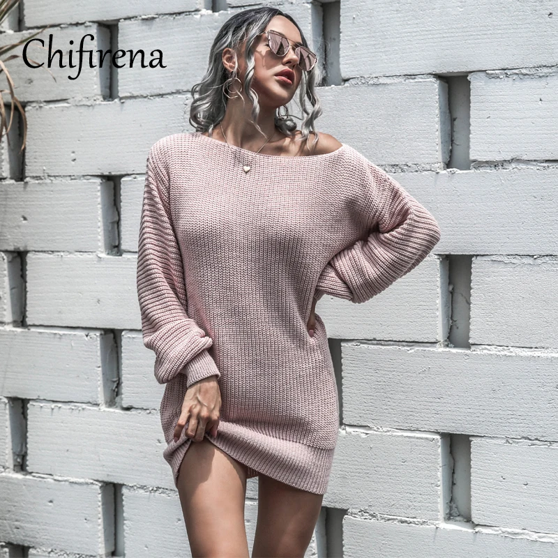 

Chifirena Lantern Sleeve Sweater Dress Women Autumn Winter Loose Tunic Knitted Casual White Clothes Off Shoulder Solid Dresses