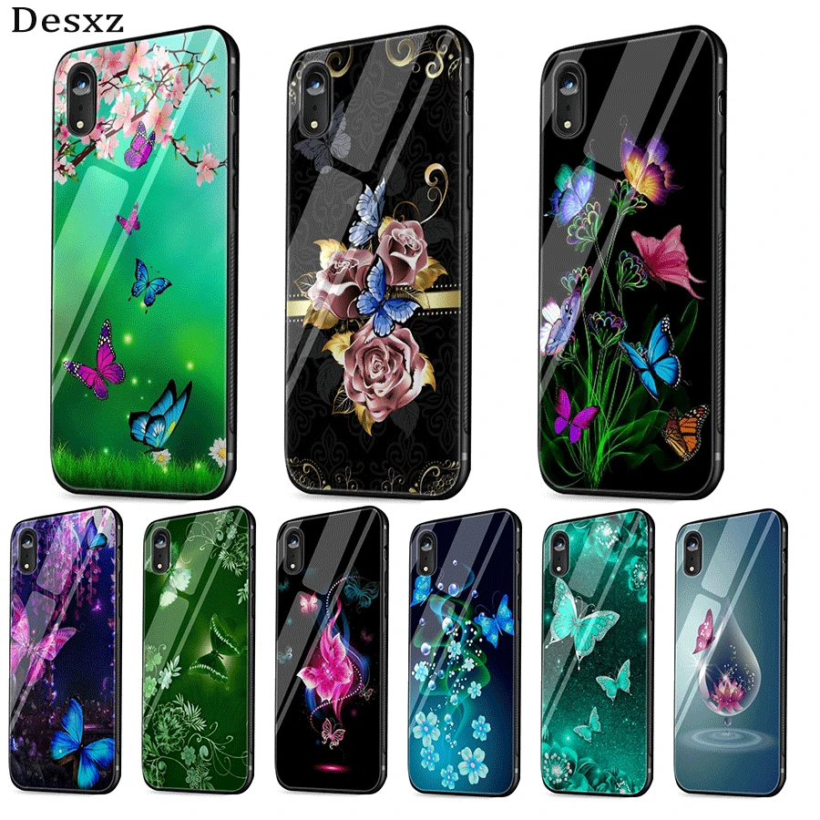 Чехол для мобильного телефона из стекла ТПУ iPhone 5 5S 6 6s 7 8 Plus X XR XS Max Shell Cover Butterfly White