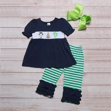 

Summer Girls Clothes Navy Blue Short Sleeve Top And Green Striped Trousers Cactus And Tent Embroidery Toddler Girl Outfits