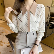 

Dot Chiffon Women Shirts 2022 Fashion Doll Collar Shirt Long Sleeve Blouse Elegant Button Up Shirt Ladies Tops OL Women Clothing