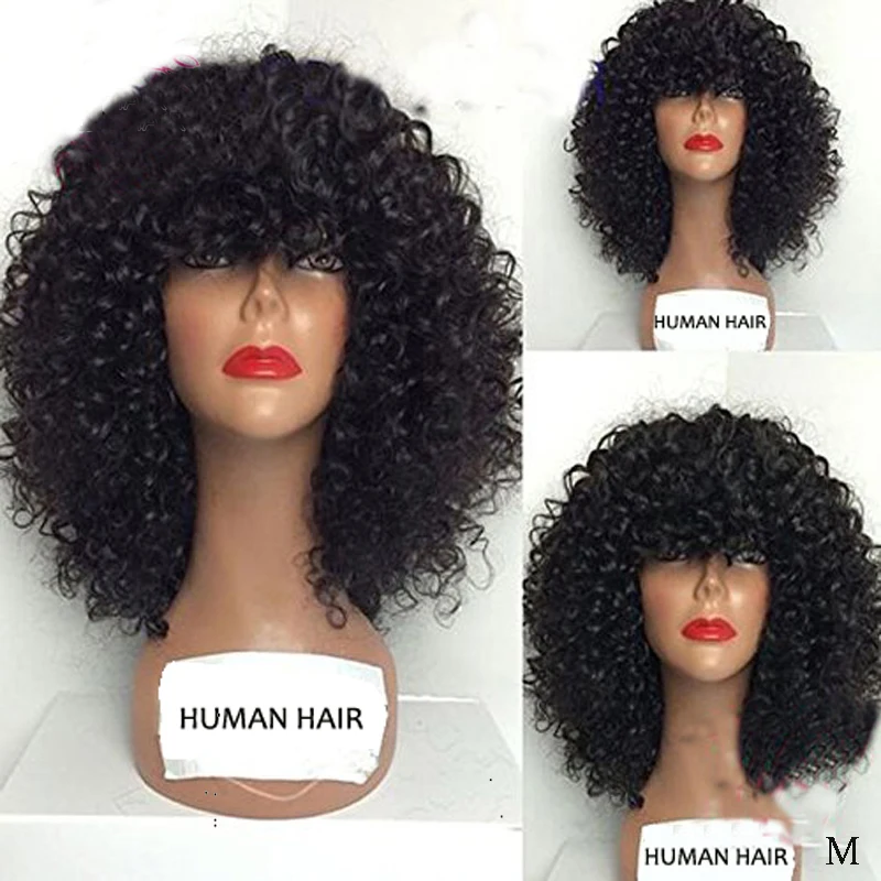 LUFFYHAIR перуанские глубокие вьющиеся передние парики с полной челкой бесклеевая Remy