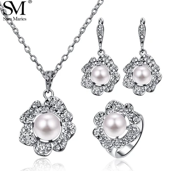 

Bowknot Flower Pearl Beads Rhinestone Necklace Earrings Ring Jewelry Set for Women Wedding Party Anniversary Gift