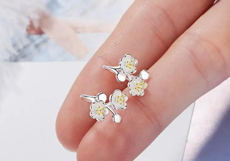 925 Sterling Silver Cherry Blossoms Flower Earrings Women Fine Jewelry hoop earrings,stud earrings,ear clip earrings,clip earrings,ear clip,ear accessories,magnetic earrings