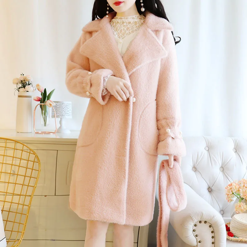 Winter New Style Fresh Fashion Mink Fur Handmade Beading Large Lapel Lace-up Mid-length Woolen Cloth Coat