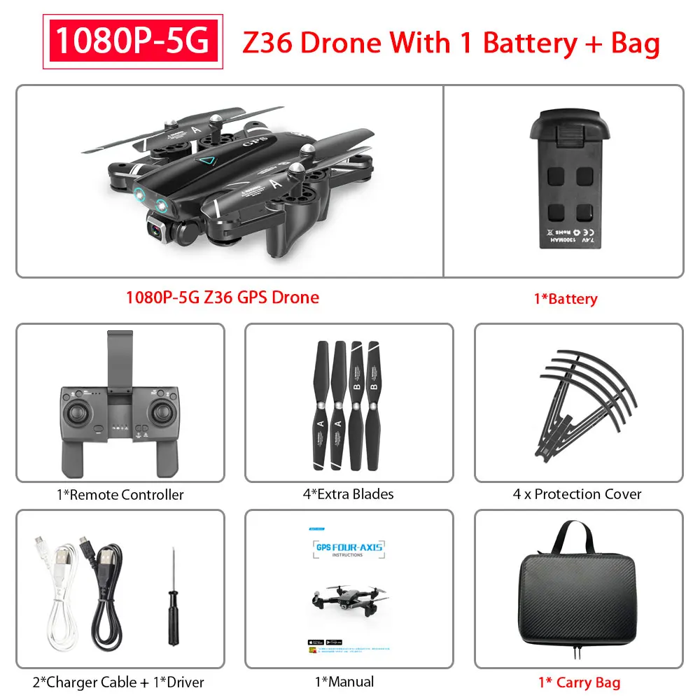 ZWN Z36 gps Квадрокоптер с 720P 1080P 4K HD камерой Rc вертолет gps фиксированная точка Wi-Fi FPV Дрон следуем за мной режим vs SG900-S E520S - Цвет: 1080P-5G 1B Bag