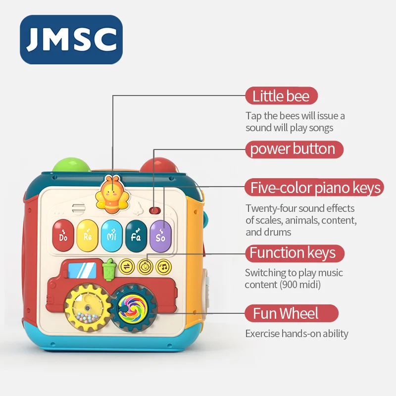 JMSC 6+1 Sided Activity Box Music Early Educational Turn Bead Gear Drum Block Sports City Montessori Toys Animals Forest Smart
