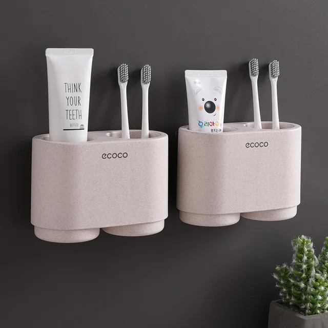 ECOCO Magnetic Adsorption Inverted Toothbrush Holder Simple Toothpaste Storage Rack with Wash Cup Punch Free Bathroom Sets 2pc Wheat