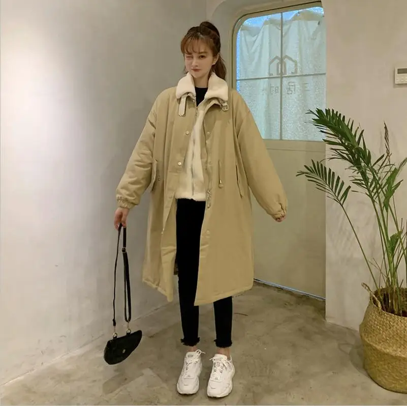 Khaki Пальто из овечьей шерсти, большой размер, хаки, с хлопковой подкладкой, с длинным рукавом, свободный крой, женские парки, модная новинка, Осень-зима - Цвет: Khaki