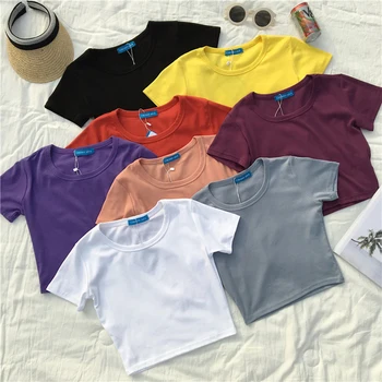 

8 Solid Color Sexy Crop Top Women Korean Chic Slim All-match Cool Basic Tshirt Femme Simple Summer Short Sleeve T Shirt White
