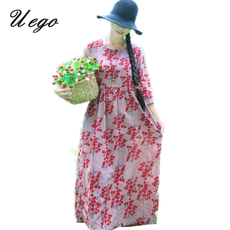 

Uego Thin Soft Light Cotton Linen Short Sleeve Summer Dress Fashion Print Floral Chic Vintage Dress Plus Size Women Casual Dress