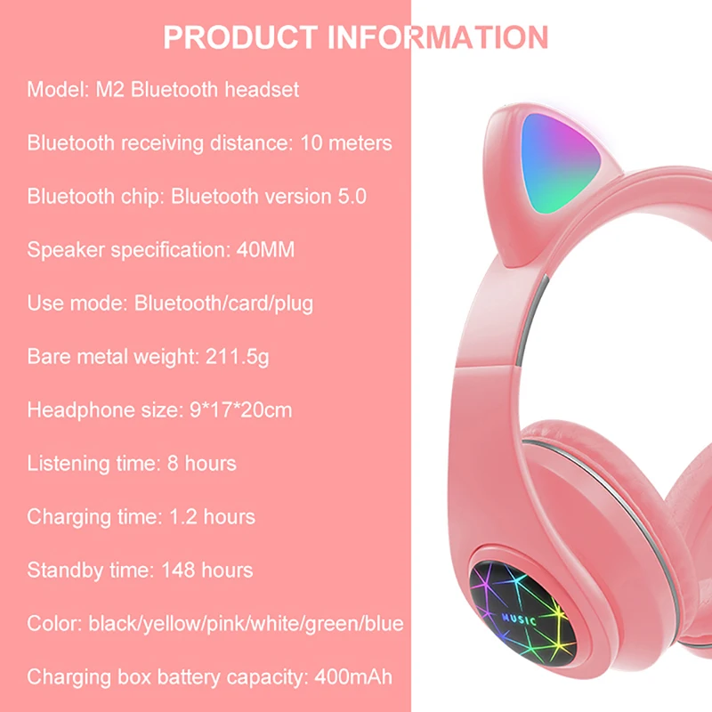 For Phones With Microphone HOT Bluetooth 5 0 Headphones LED Light Cat Ears Headset Wireless Earphone HIFI Stereo Bass Headphone