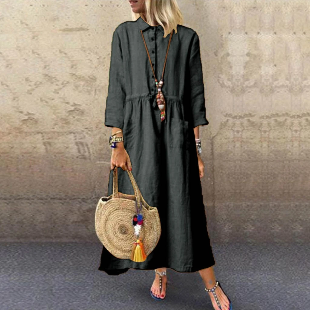 FREE OSTRICH BerryGo Autumn Winter Women Dresses Vestidos Linen Plaid Long Dress Elegant Mid Calf Ladies Female Robe Dress 807