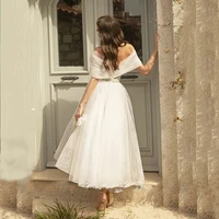Bling Glittter Boho Wedding Dresses  For Women 2022 Sweetheaart  Tulle Point Net Tulle  Beach Short  Bridal Gown Cheap Civil 2