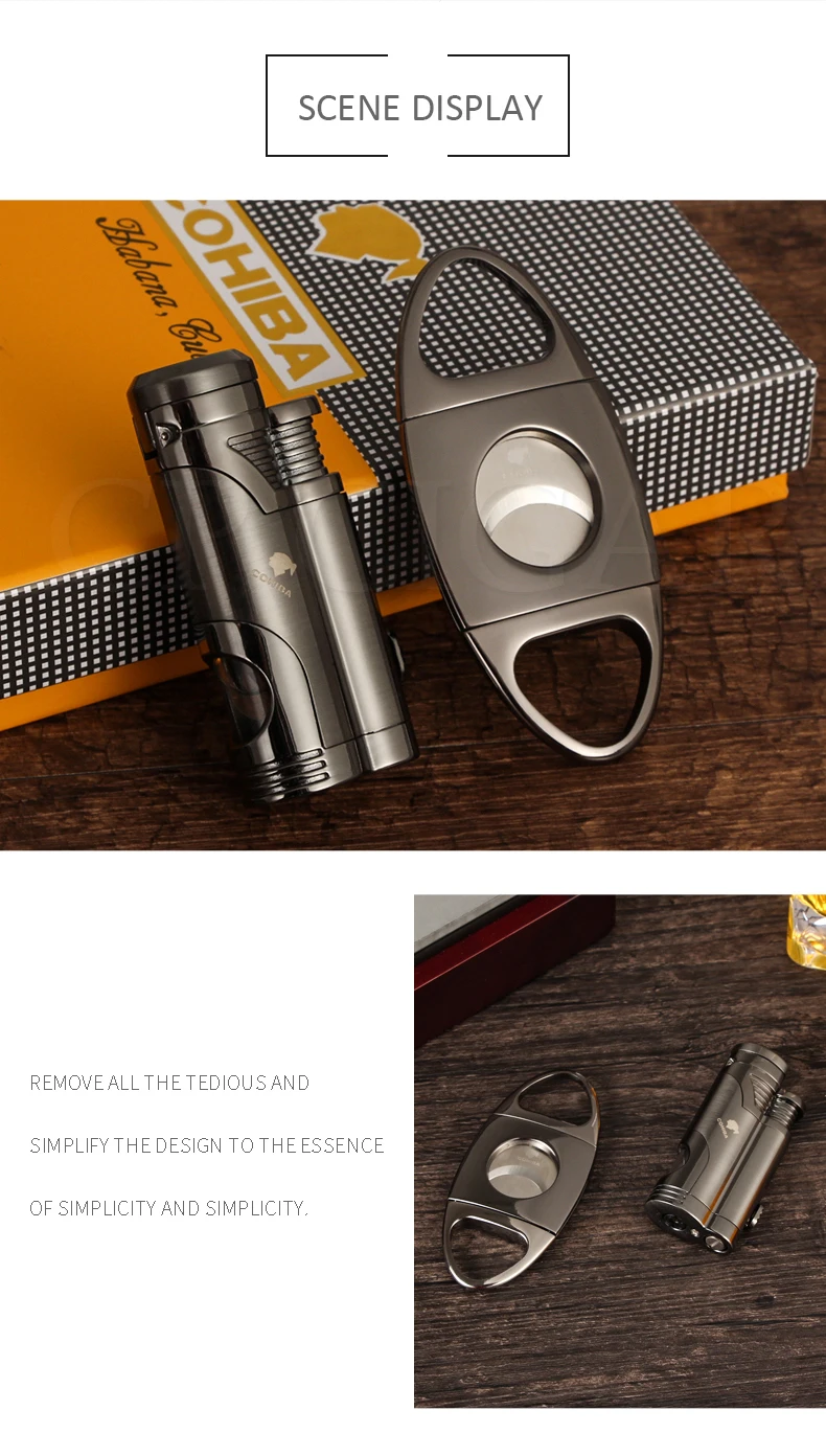 COHIBA металлический резак для Сигар Зажигалка Набор ветрозащитный газ 2 струйный фонарь зажигалки для сигар бутан карманный Каттер для сигар острый удар сигар