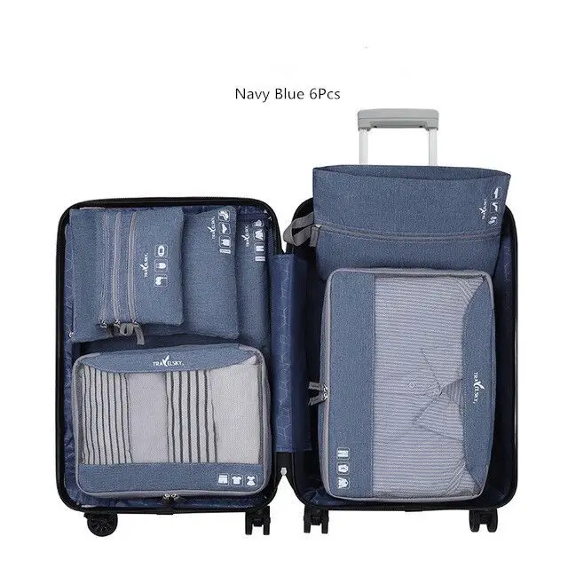 Navy blue 6 Pcs Портативные дорожные сумки, чемодан, одежда, косметичка, органайзер для багажа, упаковка для белья, сумки для хранения, аксессуары, принадлежности - Цвет: Navy blue 6 Pcs