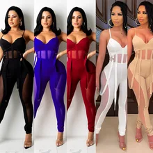 

Women Elegance Fashion V Collar Mesh Patchwork Back Zipper See Through Pure Color Sexy Suspender Jumpsuit