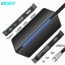 BKSCY USB C концентратор к адаптер HDMI VGA USB 3,0 концентратор SD/TF/устройство считывания SF карт 3,5 мм гарнитура и зарядный порт для Macbook type C Usb концентратор