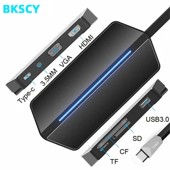 

BKSCY USB C Hub To HDMI VGA Adapter USB 3.0 Hub SD/TF/CF Card Reader 3.5mm Headset and Charging Port for Macbook Type C Usb Hub