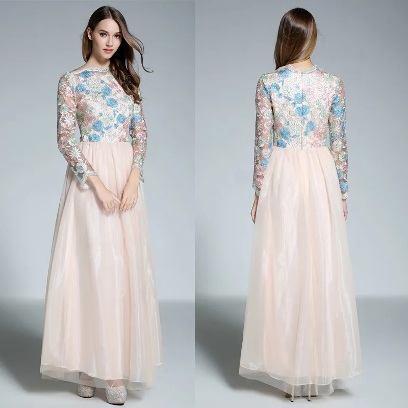Cross Border for CK585 Spring New Style Long Sleeve Embroidery Gauze Long Banquet Party Fashion Evening Dress Bridesmaid