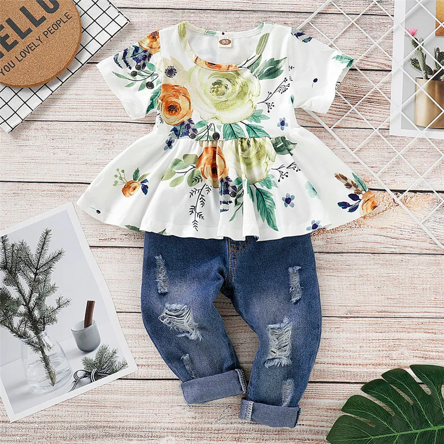 Children's girl suit short-sleeved flower print top + hole children clothes set jeans set camiseta termica infantil 40A1 (6)