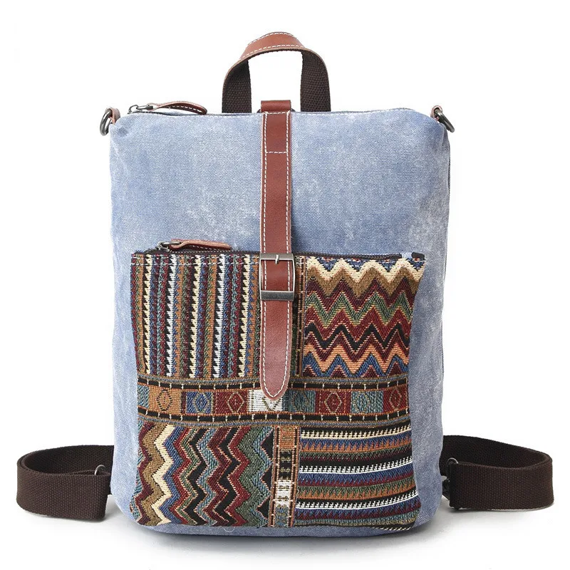 Ethnic Style Travel Backpack Waterproof Lattice School Bags For Teenage Girls Bagpack School Back - Цвет: Небесно-голубой