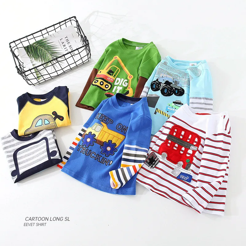 Spring Autumn For 2-9 10 Years Children Cotton Striped Patchwork Cartoon Car Bus Truck Baby Kids Boys Long Sleeve T Shirts