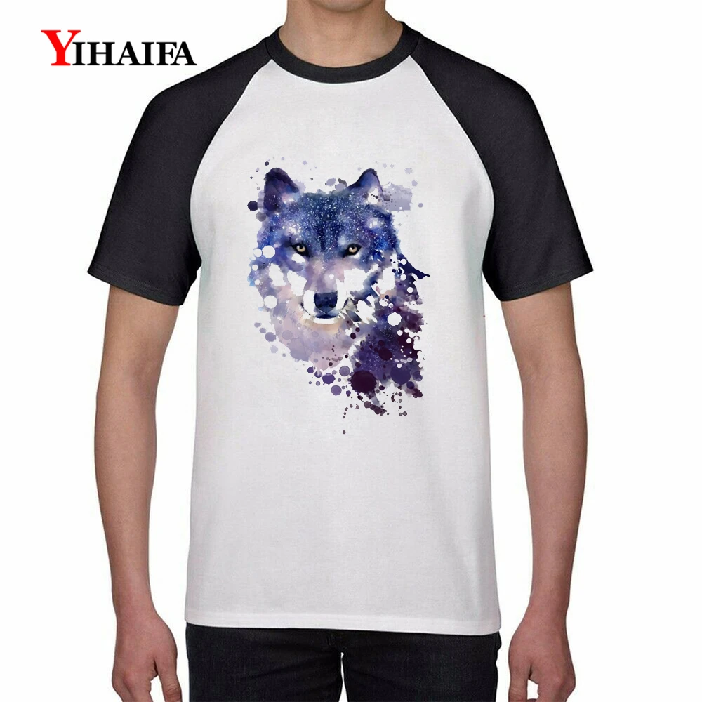 

Stylish Purple Galaxy Wolf gym Print T Shirts Animal Raglan Tees Men Casual Summer Tops White Cotton T-Shirt Hip Hop Tee