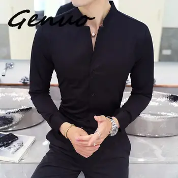 

Fall Winter Stand Collar Mens Long-sleeved Dress Shirts Black Red White Slim Elegant Youth Male Business Wedding Formal Shirt